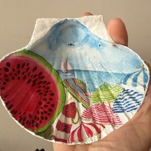 Seashell handmade trinket/ring dish with Watermelon and Beach Scene